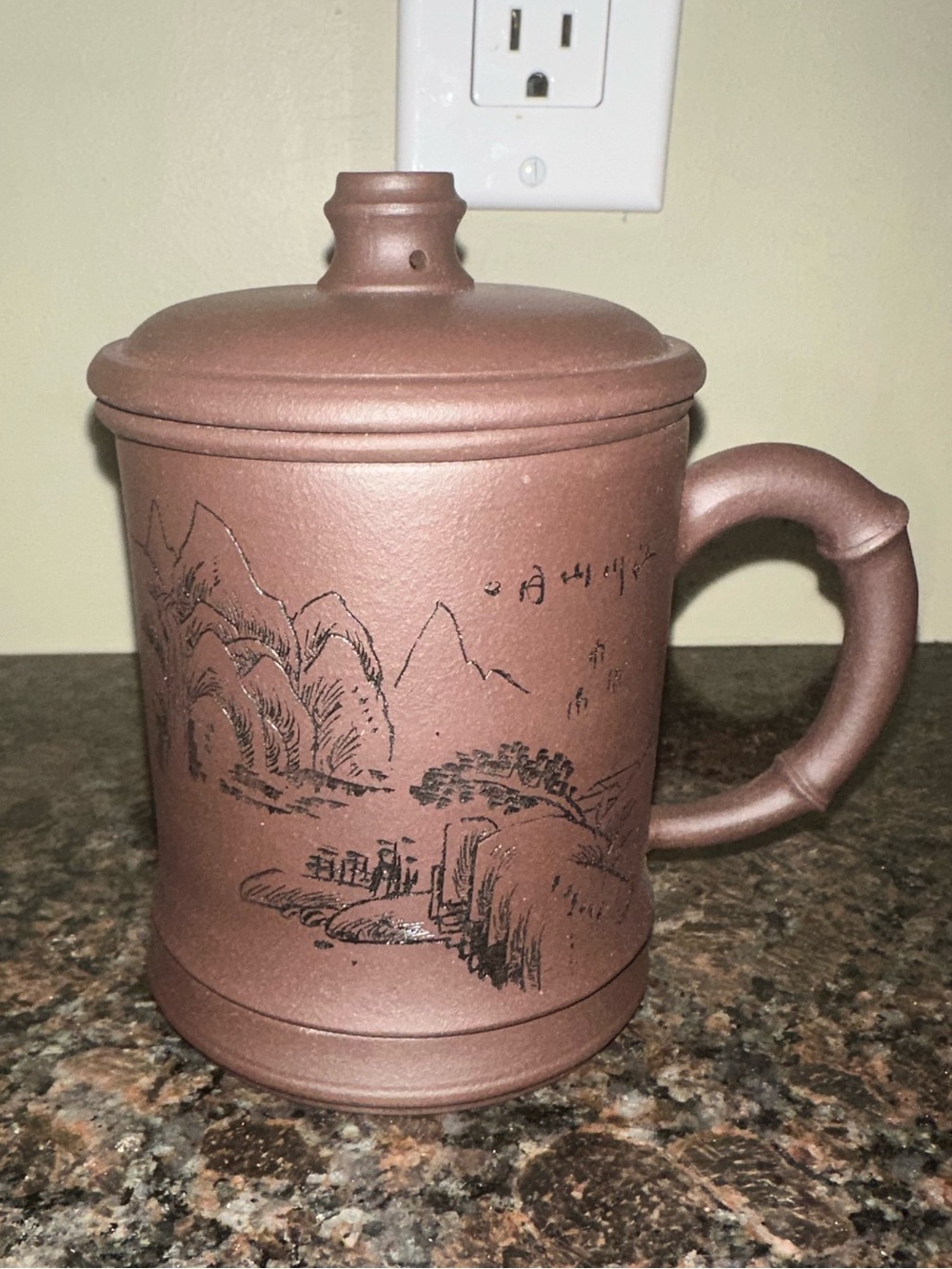 Brown Yixing Clay Teacup with Landscape Etching